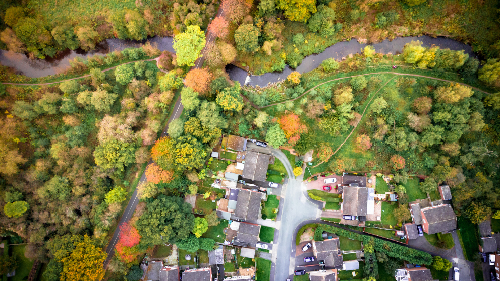 Aerial view of homes in England
