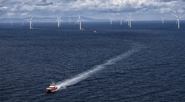 Image shows an offshore wind farm with a boat 