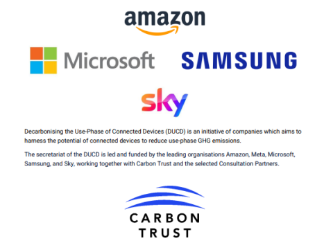 Decarbonising the Use-phase of Connected Devices - logos of Amazon, Microsoft, Samsung, Sky, and the Carbon Trust